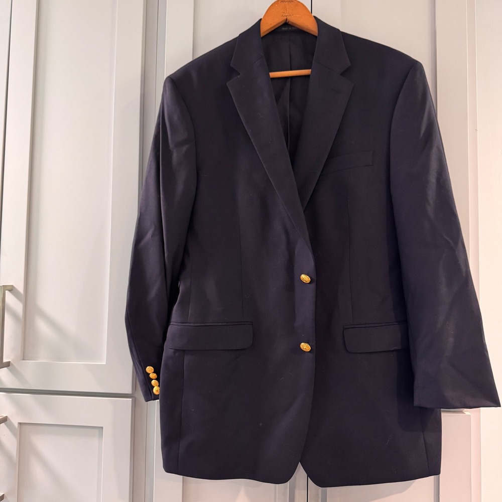 Lauren Ralph Lauren Mens 42L Navy Blue Wool Blazer Gold Crest Button 42 Long